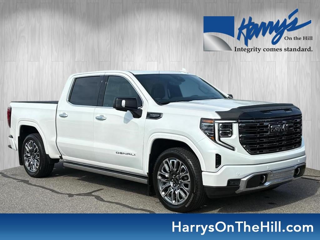2025 GMC Sierra 1500 Denali Ultimate in White Frost Tricoat — front three-quarter view